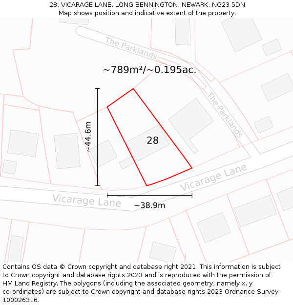 28, VICARAGE LANE, LONG BENNINGTON, NEWARK, NG23 5DN: Plot and title map