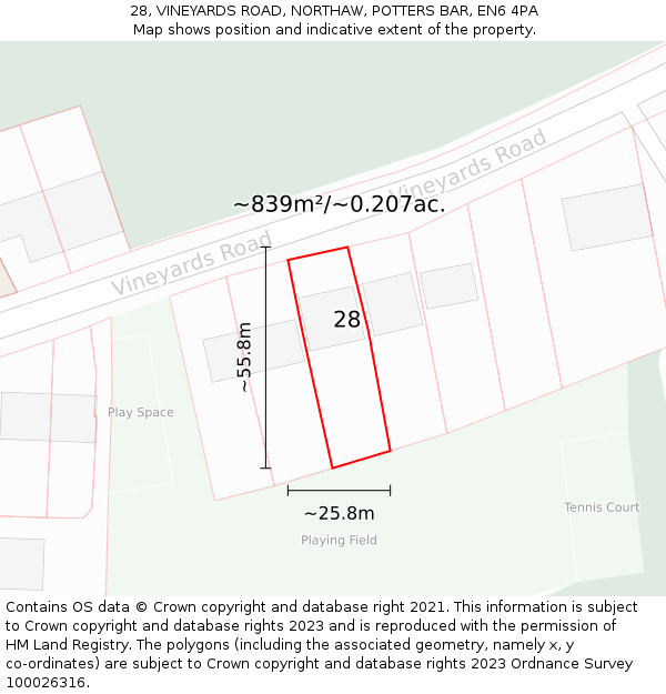 28, VINEYARDS ROAD, NORTHAW, POTTERS BAR, EN6 4PA: Plot and title map