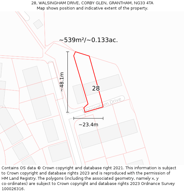 28, WALSINGHAM DRIVE, CORBY GLEN, GRANTHAM, NG33 4TA: Plot and title map