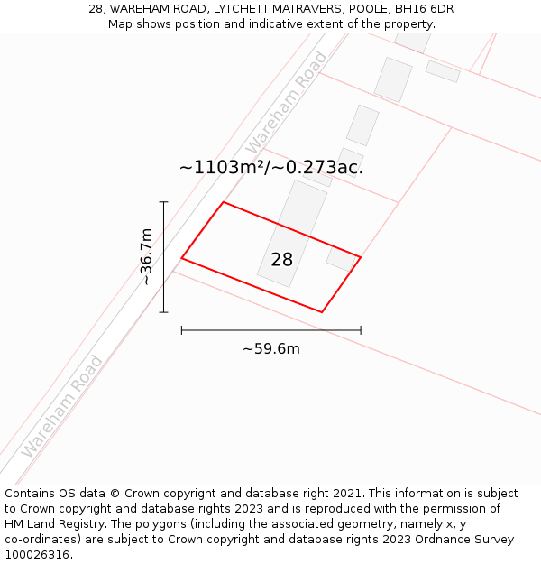 28, WAREHAM ROAD, LYTCHETT MATRAVERS, POOLE, BH16 6DR: Plot and title map