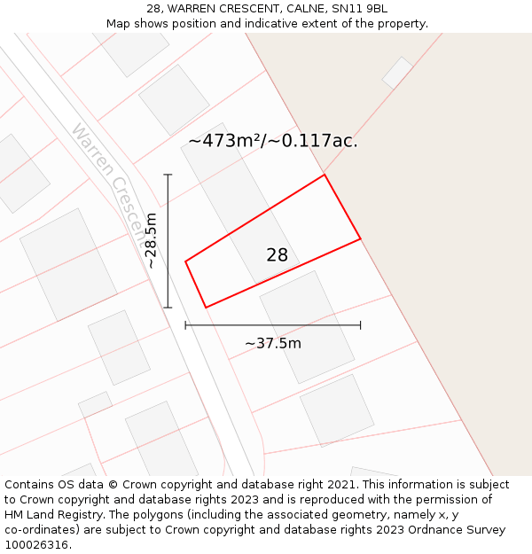 28, WARREN CRESCENT, CALNE, SN11 9BL: Plot and title map