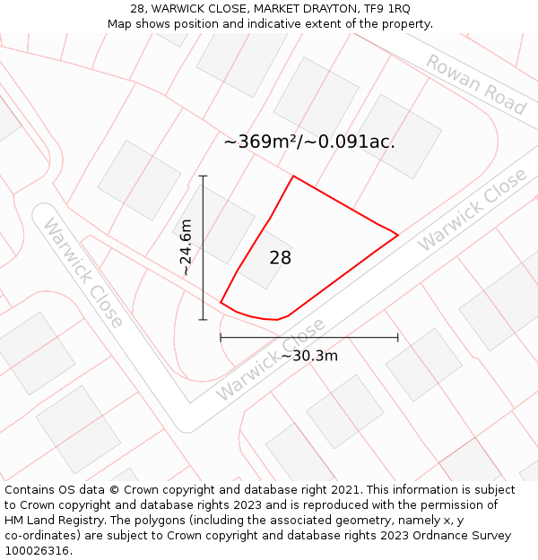 28, WARWICK CLOSE, MARKET DRAYTON, TF9 1RQ: Plot and title map