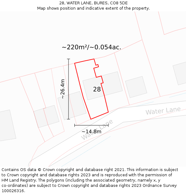 28, WATER LANE, BURES, CO8 5DE: Plot and title map