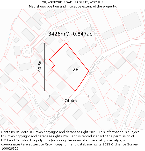 28, WATFORD ROAD, RADLETT, WD7 8LE: Plot and title map