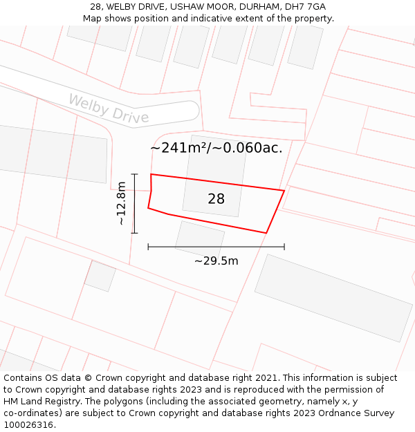 28, WELBY DRIVE, USHAW MOOR, DURHAM, DH7 7GA: Plot and title map