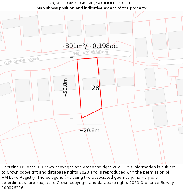 28, WELCOMBE GROVE, SOLIHULL, B91 1PD: Plot and title map