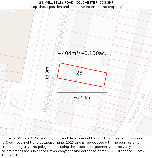 28, WELLESLEY ROAD, COLCHESTER, CO3 3HF: Plot and title map