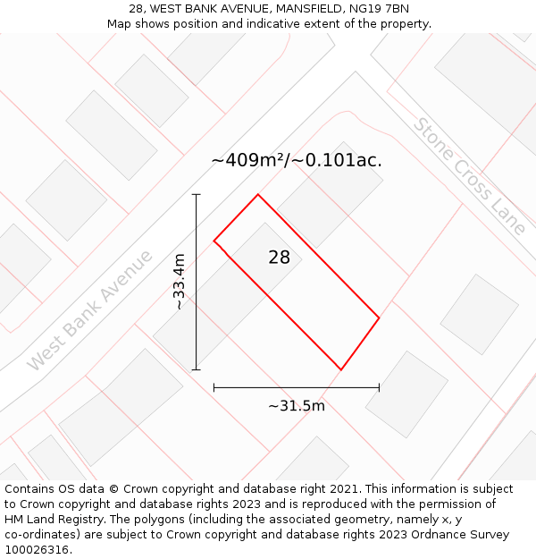 28, WEST BANK AVENUE, MANSFIELD, NG19 7BN: Plot and title map