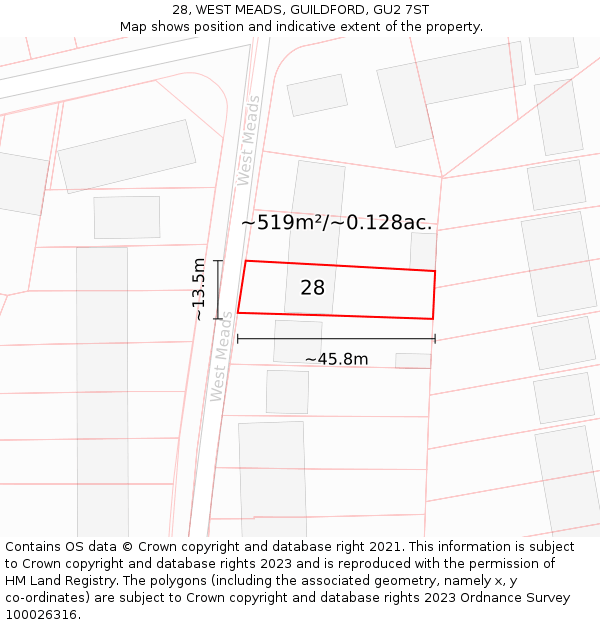 28, WEST MEADS, GUILDFORD, GU2 7ST: Plot and title map