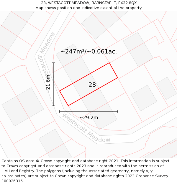 28, WESTACOTT MEADOW, BARNSTAPLE, EX32 8QX: Plot and title map