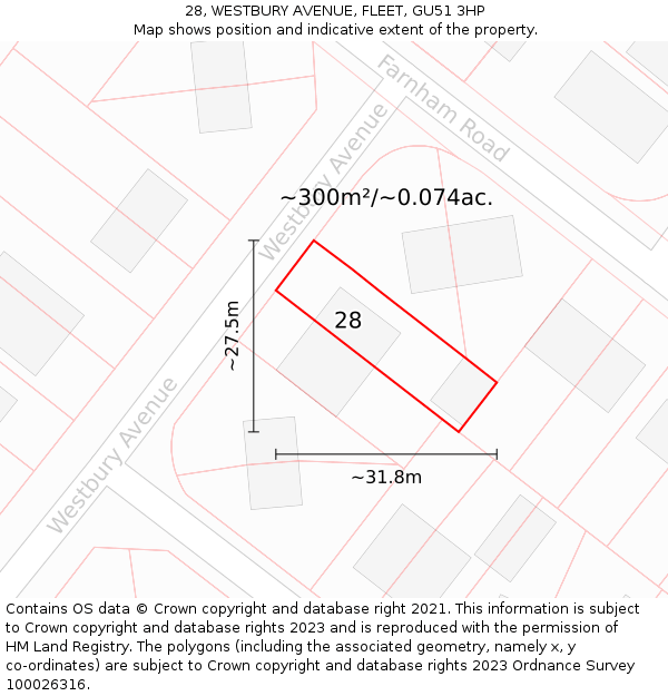 28, WESTBURY AVENUE, FLEET, GU51 3HP: Plot and title map