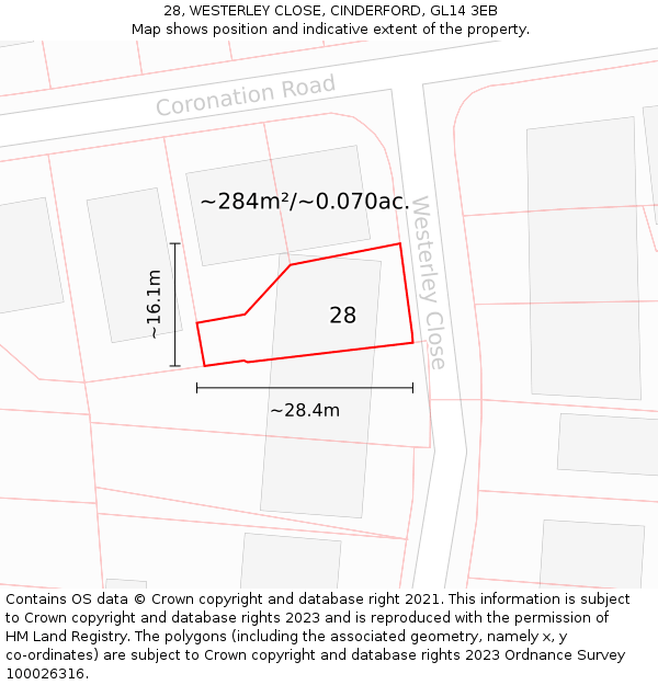 28, WESTERLEY CLOSE, CINDERFORD, GL14 3EB: Plot and title map