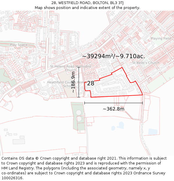 28, WESTFIELD ROAD, BOLTON, BL3 3TJ: Plot and title map