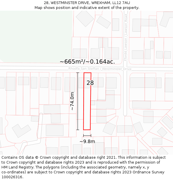 28, WESTMINSTER DRIVE, WREXHAM, LL12 7AU: Plot and title map