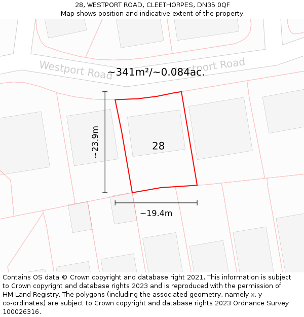 28, WESTPORT ROAD, CLEETHORPES, DN35 0QF: Plot and title map