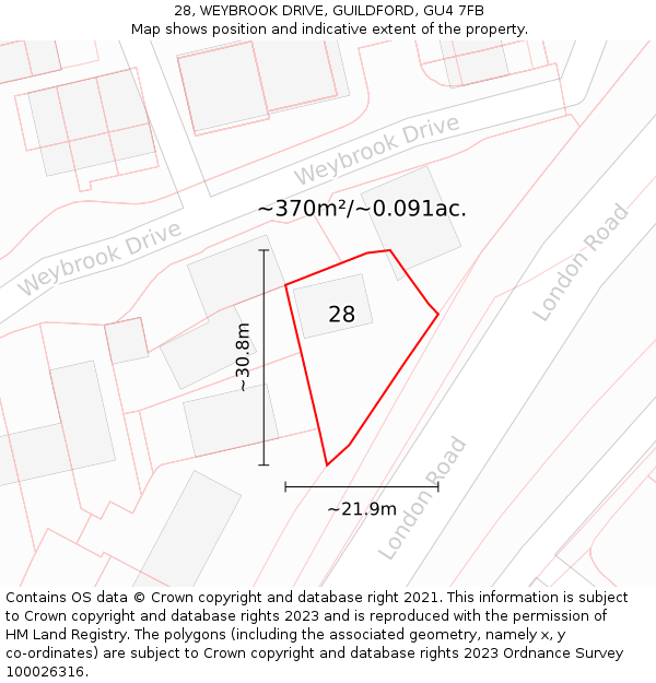 28, WEYBROOK DRIVE, GUILDFORD, GU4 7FB: Plot and title map