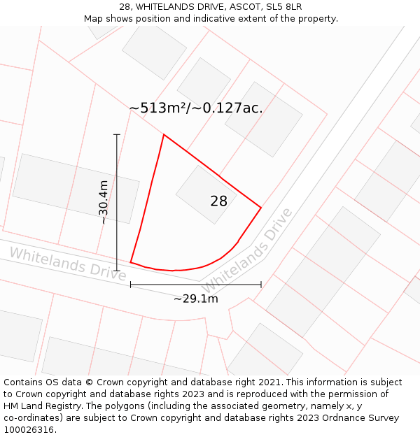 28, WHITELANDS DRIVE, ASCOT, SL5 8LR: Plot and title map