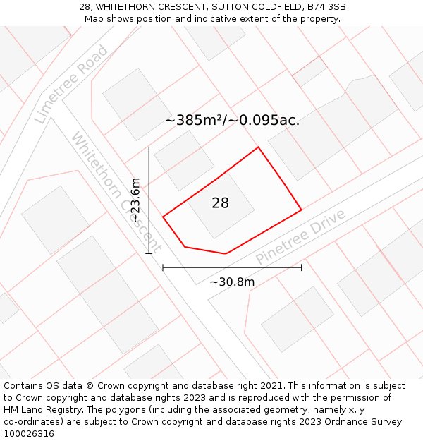 28, WHITETHORN CRESCENT, SUTTON COLDFIELD, B74 3SB: Plot and title map