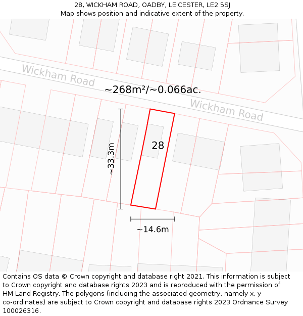 28, WICKHAM ROAD, OADBY, LEICESTER, LE2 5SJ: Plot and title map