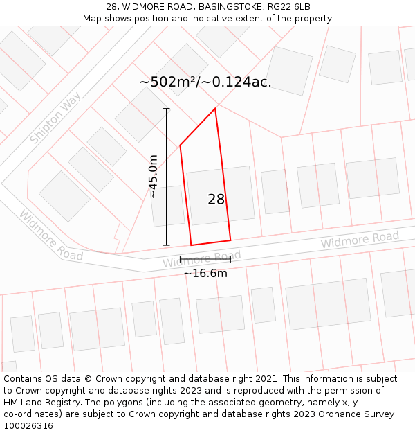 28, WIDMORE ROAD, BASINGSTOKE, RG22 6LB: Plot and title map