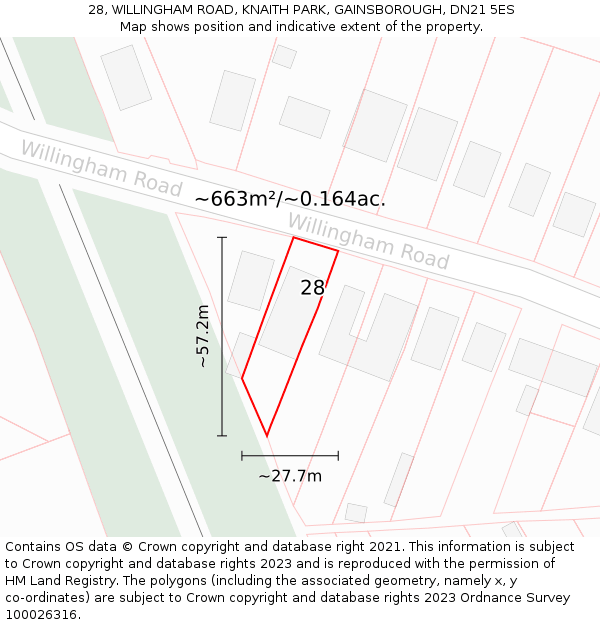 28, WILLINGHAM ROAD, KNAITH PARK, GAINSBOROUGH, DN21 5ES: Plot and title map