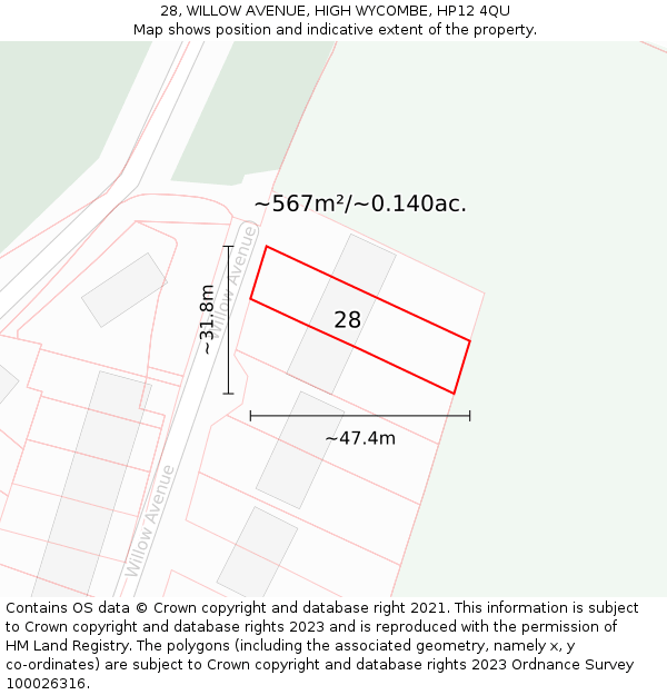 28, WILLOW AVENUE, HIGH WYCOMBE, HP12 4QU: Plot and title map