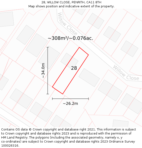 28, WILLOW CLOSE, PENRITH, CA11 8TH: Plot and title map