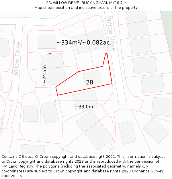 28, WILLOW DRIVE, BUCKINGHAM, MK18 7JH: Plot and title map