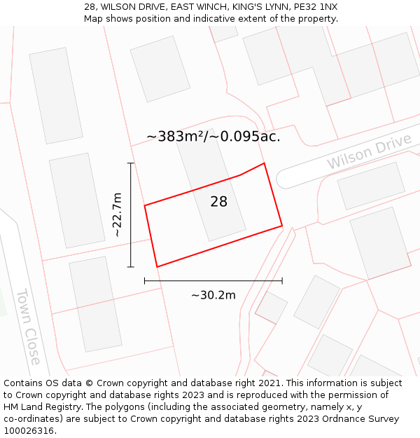 28, WILSON DRIVE, EAST WINCH, KING'S LYNN, PE32 1NX: Plot and title map