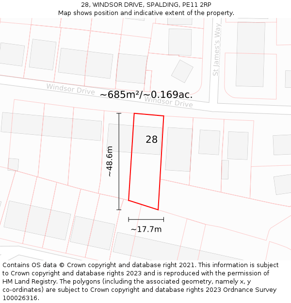 28, WINDSOR DRIVE, SPALDING, PE11 2RP: Plot and title map