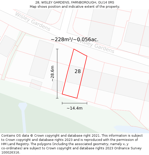 28, WISLEY GARDENS, FARNBOROUGH, GU14 0RS: Plot and title map