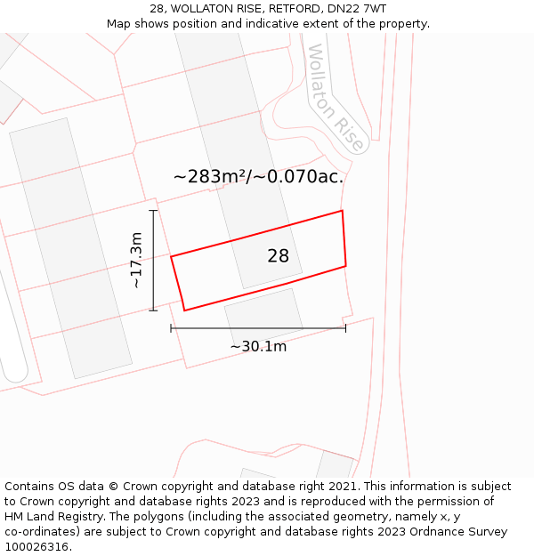 28, WOLLATON RISE, RETFORD, DN22 7WT: Plot and title map