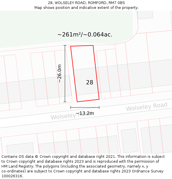 28, WOLSELEY ROAD, ROMFORD, RM7 0BS: Plot and title map