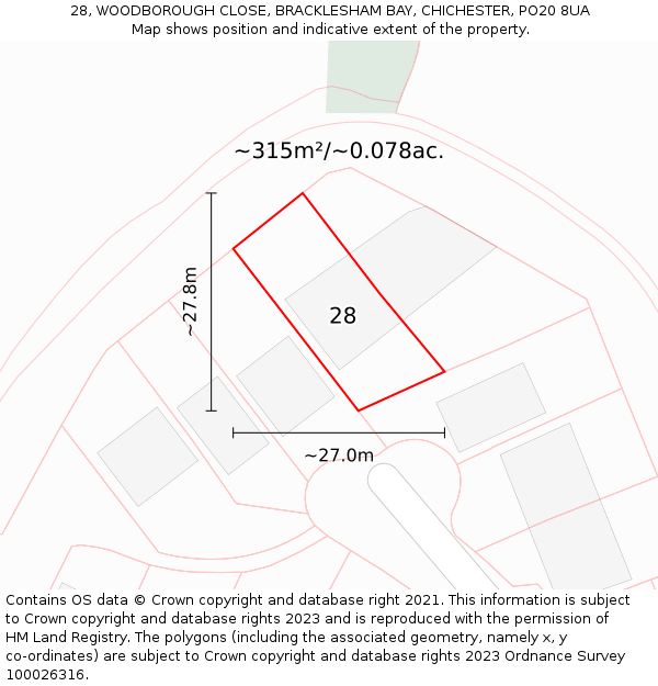 28, WOODBOROUGH CLOSE, BRACKLESHAM BAY, CHICHESTER, PO20 8UA: Plot and title map