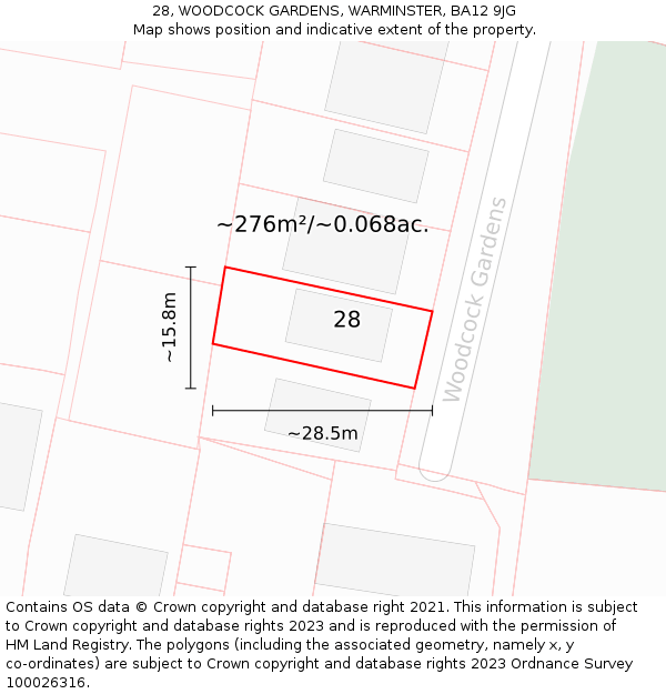 28, WOODCOCK GARDENS, WARMINSTER, BA12 9JG: Plot and title map