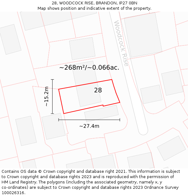 28, WOODCOCK RISE, BRANDON, IP27 0BN: Plot and title map
