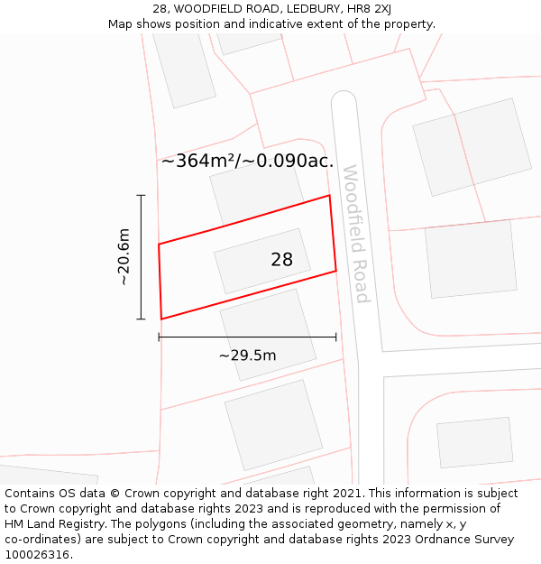 28, WOODFIELD ROAD, LEDBURY, HR8 2XJ: Plot and title map