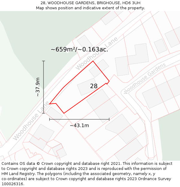 28, WOODHOUSE GARDENS, BRIGHOUSE, HD6 3UH: Plot and title map