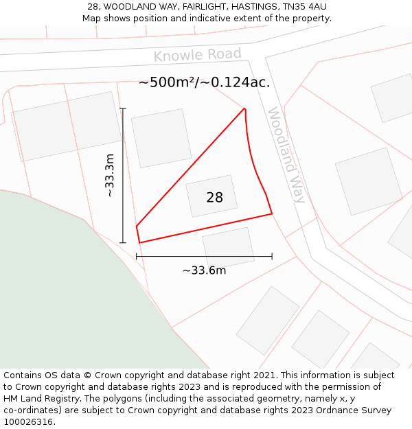 28, WOODLAND WAY, FAIRLIGHT, HASTINGS, TN35 4AU: Plot and title map