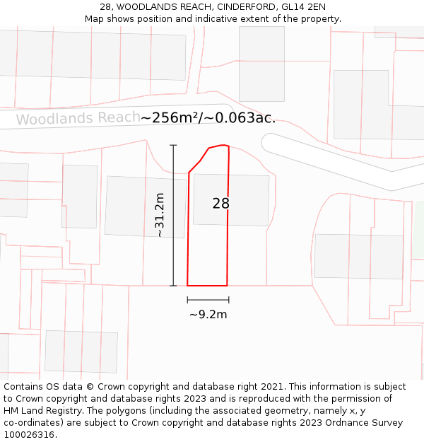 28, WOODLANDS REACH, CINDERFORD, GL14 2EN: Plot and title map