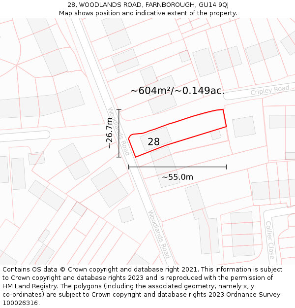 28, WOODLANDS ROAD, FARNBOROUGH, GU14 9QJ: Plot and title map