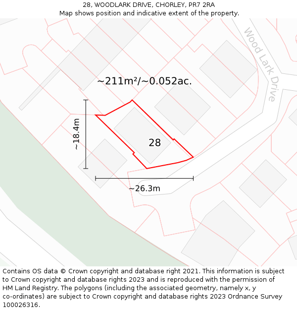 28, WOODLARK DRIVE, CHORLEY, PR7 2RA: Plot and title map