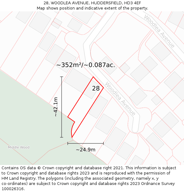 28, WOODLEA AVENUE, HUDDERSFIELD, HD3 4EF: Plot and title map