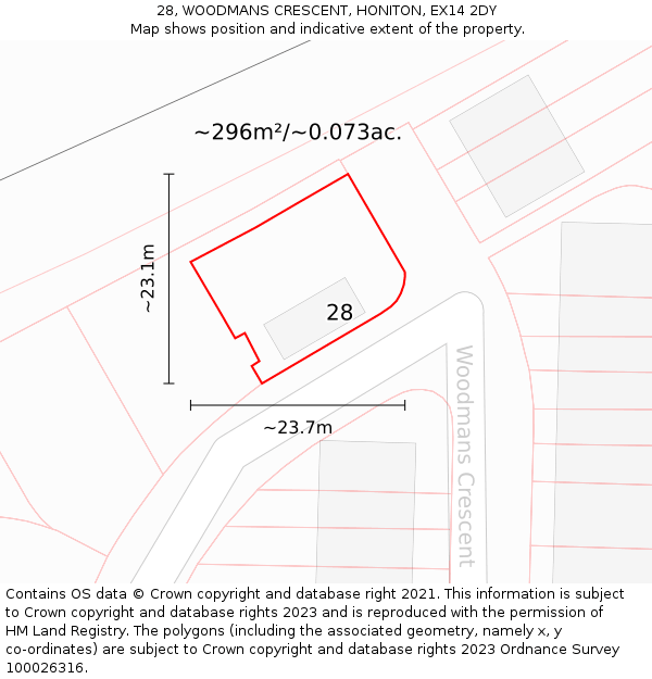 28, WOODMANS CRESCENT, HONITON, EX14 2DY: Plot and title map