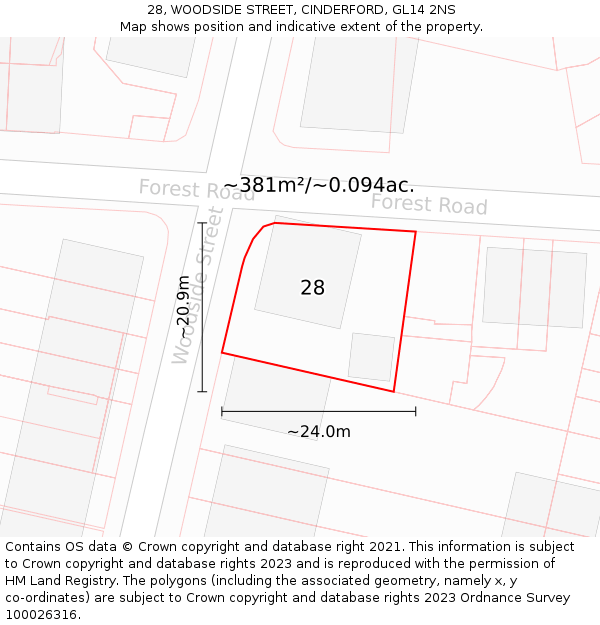 28, WOODSIDE STREET, CINDERFORD, GL14 2NS: Plot and title map