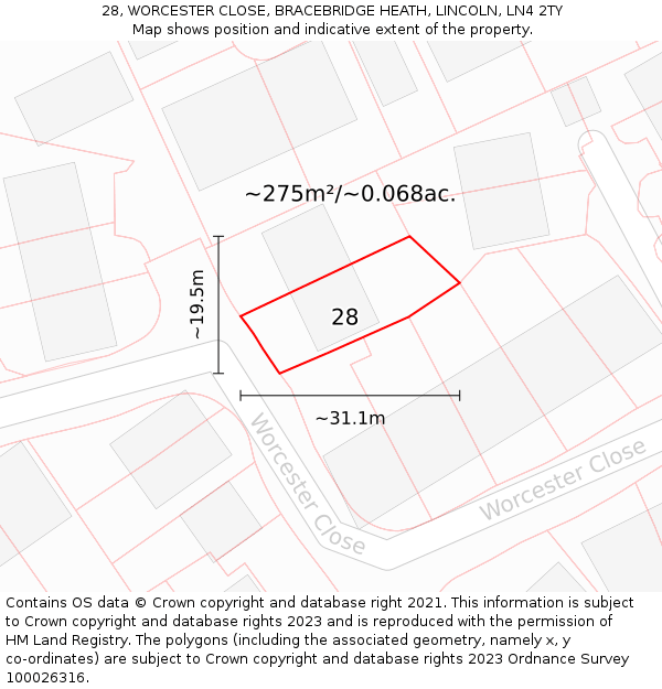 28, WORCESTER CLOSE, BRACEBRIDGE HEATH, LINCOLN, LN4 2TY: Plot and title map