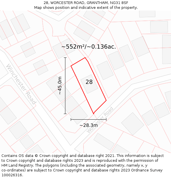 28, WORCESTER ROAD, GRANTHAM, NG31 8SF: Plot and title map