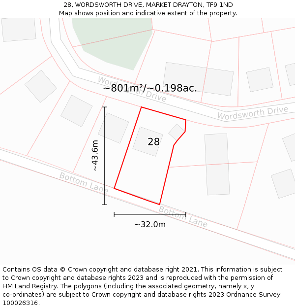 28, WORDSWORTH DRIVE, MARKET DRAYTON, TF9 1ND: Plot and title map