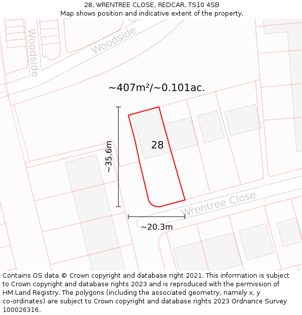 28, WRENTREE CLOSE, REDCAR, TS10 4SB: Plot and title map