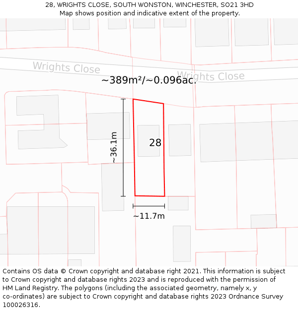 28, WRIGHTS CLOSE, SOUTH WONSTON, WINCHESTER, SO21 3HD: Plot and title map